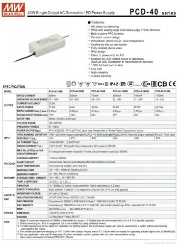 Meanwell PCD-40 LED Driver - 40W Triac Dimmable Constant Current Drivers - Image 2