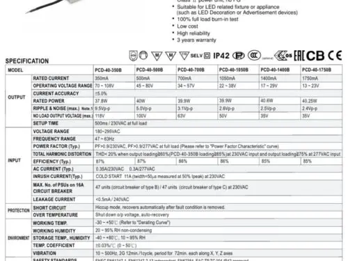 Meanwell PCD-40 LED Driver - 40W Triac Dimmable Constant Current Drivers