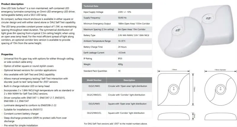 One-LUX SOLO Surface Mount Non-maintained LED Emergency OLS/S/NM3 - Image 2