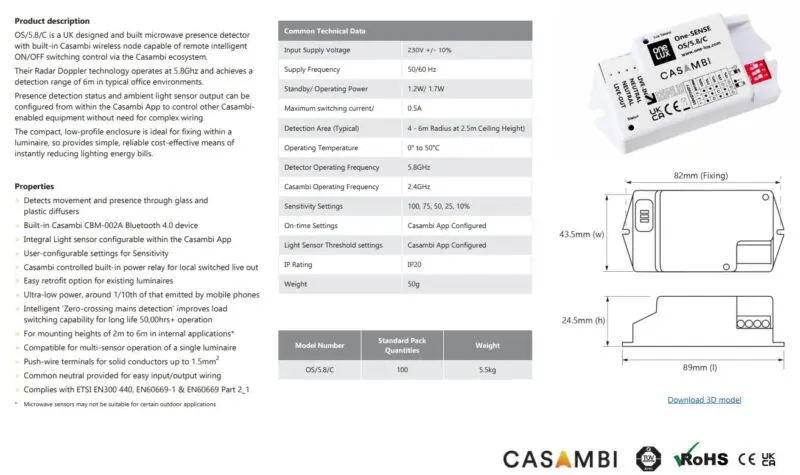 One-LUX ONE-SENSE OS-5.8C – CASAMBI Microwave Sensor - Image 2