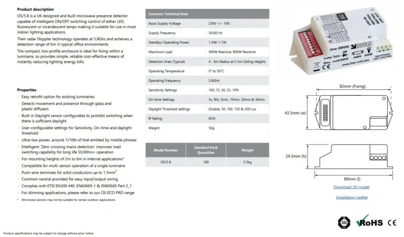 One-LUX ONE-SENSE OS-5.8 Microwave sensor - Image 2
