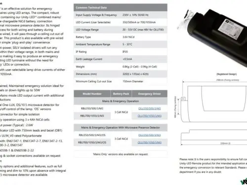 One-LUX UNITY-LED OLU350/500mA Mains Emergency Driver One-LUX UNITY-LED OLU350/500mA Mains Emergency Driver