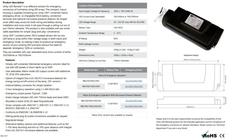 One-LUX UNITY-LED OLU350/500mA Mains Emergency Driver - Image 2