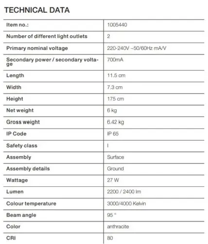 ESKINA FRAME 175 Pole Double Anthracite Free-Standing Lamp 27W 3000/4000K 95° - Image 7