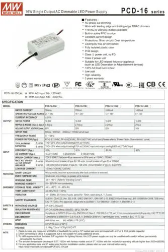 Mean Well PCD-16 LED Driver – 16W Triac-Dimmable Constant Current Driver - Image 2