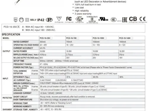 Mean Well PCD-16 LED Driver – 16W Triac-Dimmable Constant Current Driver
