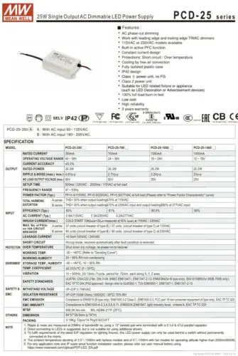 Mean Well PCD-25 LED Driver – 25W Triac Dimmable Constant Current Drivers - Image 2