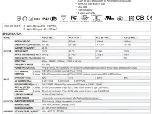 Mean Well PCD-25 LED Driver – 25W Triac Dimmable Constant Current Drivers