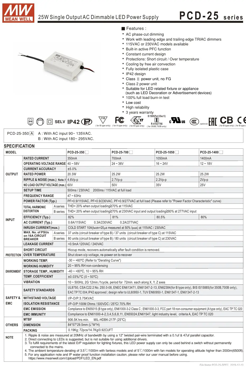Mean Well PCD-25 LED Driver – 25W TRIAC Dimmable Constant Current Drivers - Image 2