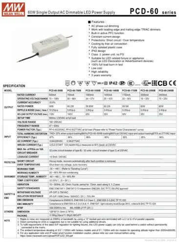 Mean Well PCD-60 LED Driver – 60 W Triac-Dimmable Constant Current - Image 2