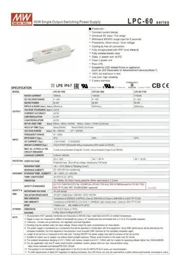 Mean Well LPC-60 60W Constant Voltage IP67 LED Driver - Image 2