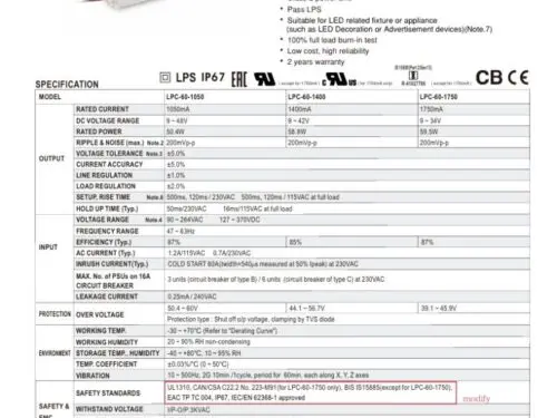 Mean Well LPC-60 60W Constant Voltage IP67 LED Driver