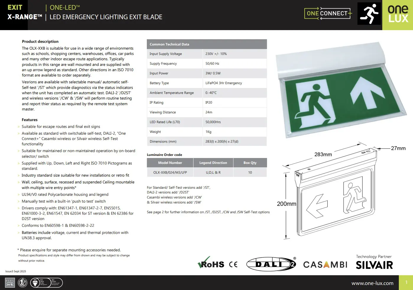 One-LUX Blade X-RANGE OLX-XXB LED Emergency Lighting Exit Luminaire - Image 3