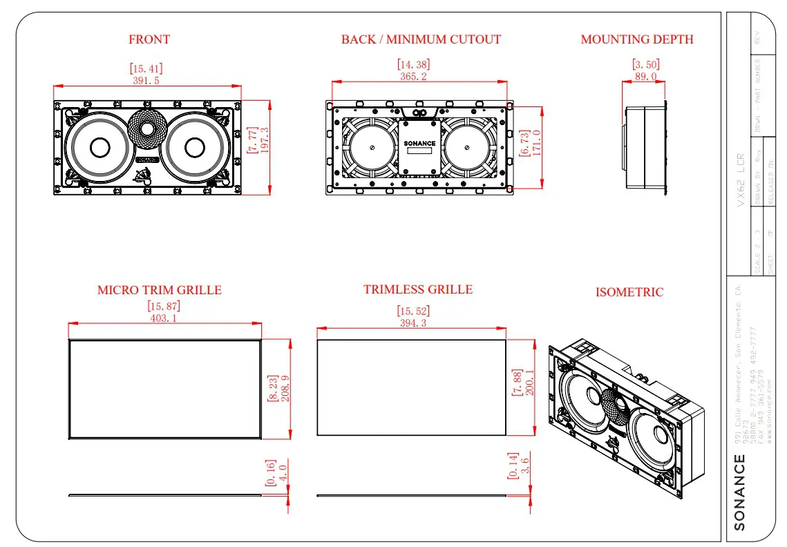 Sonance VX62 LCR Speaker With White Micro Trim Grille: EACH - Image 2